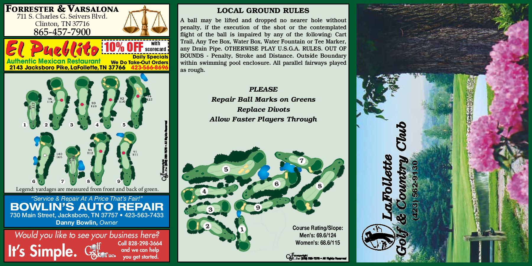 Scorecard LaFollette Golf and Country Club